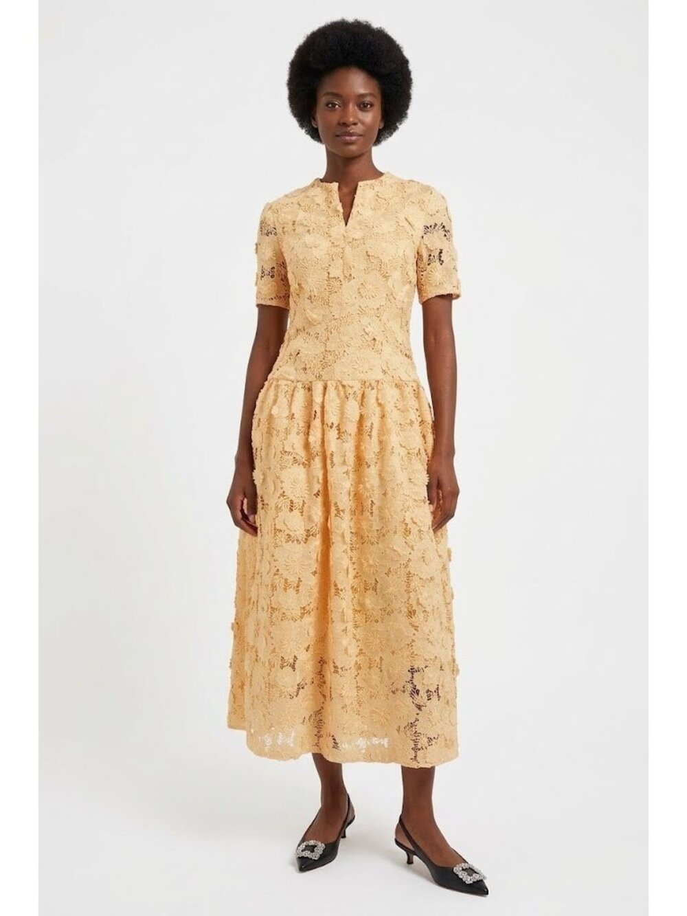 NWT Misook Lace Pleated Drop Waist Maxi in Pale Gold Applique Petal Dress XS